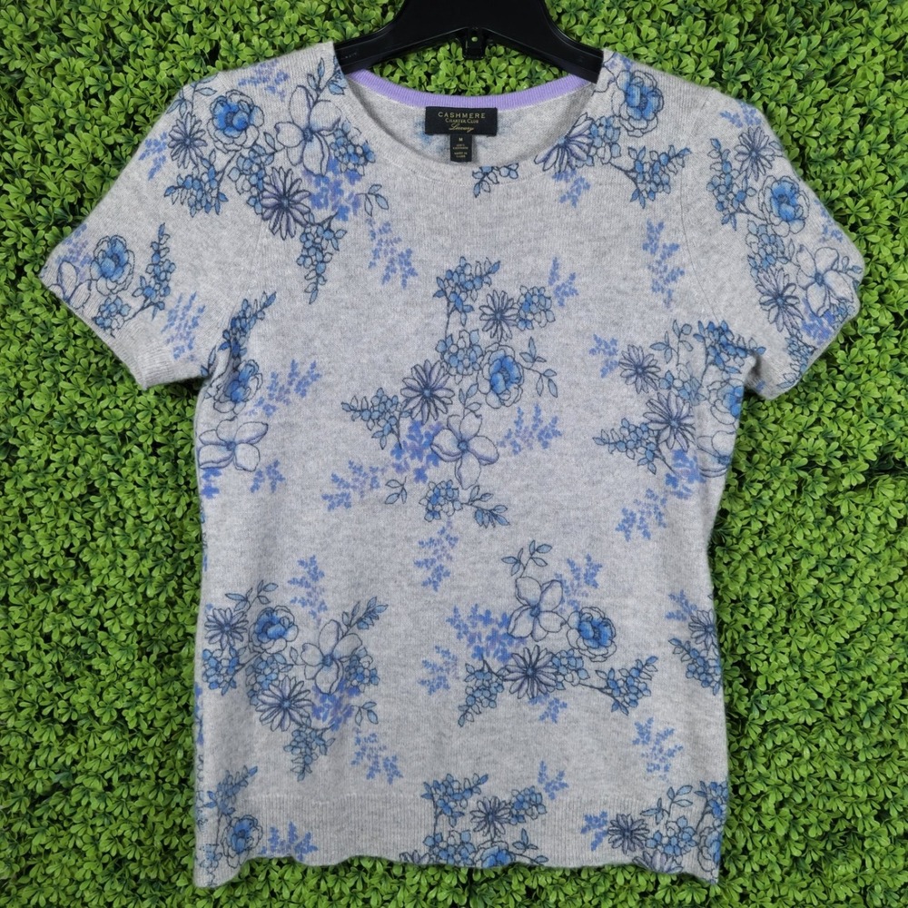 Charter Club Luxury Womens Gray Blue Floral 100% Cashmere Short Sleeve Sweater M